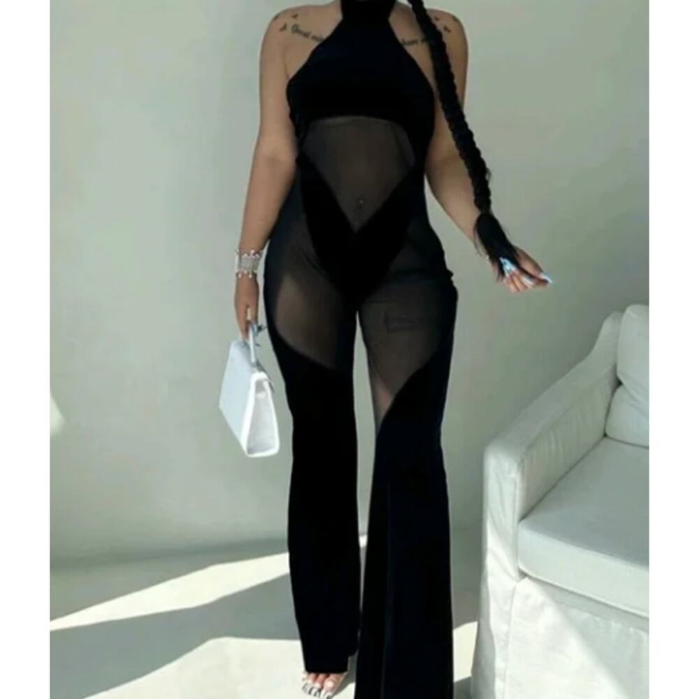 Black Contrast Mesh Velvet Sheer Halter Neck Open Back Flare Leg Jumpsuit Size L